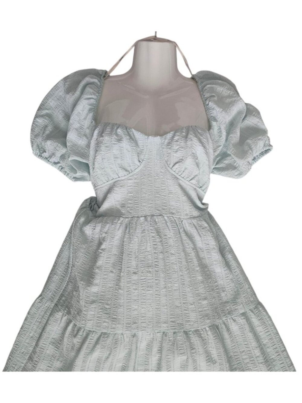 Forever 21 Puff Sleeve Crisscross Tie Back Tiered Skirt Maxi Dress Size Medium - Picture 5 of 13